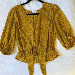 floral yellow blouse with tie front